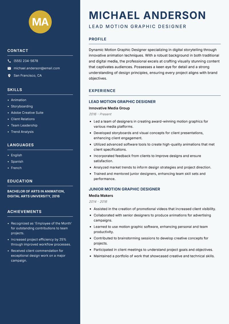 Motion Graphic Designer Resume Preview Example