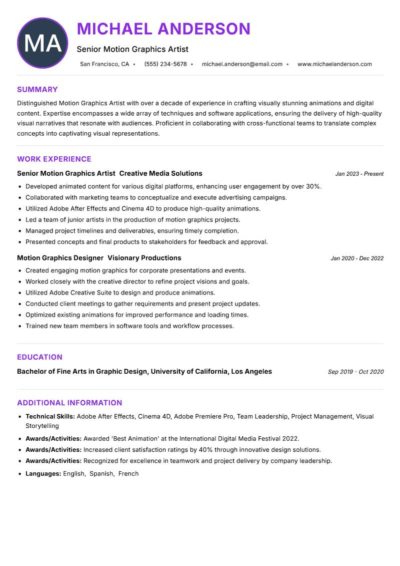 Motion Graphics Artist Resume Preview Example