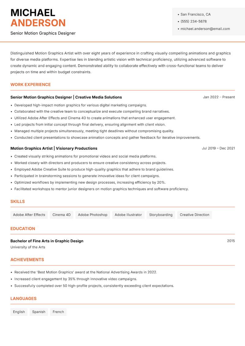 Motion Graphics Artist Resume Template