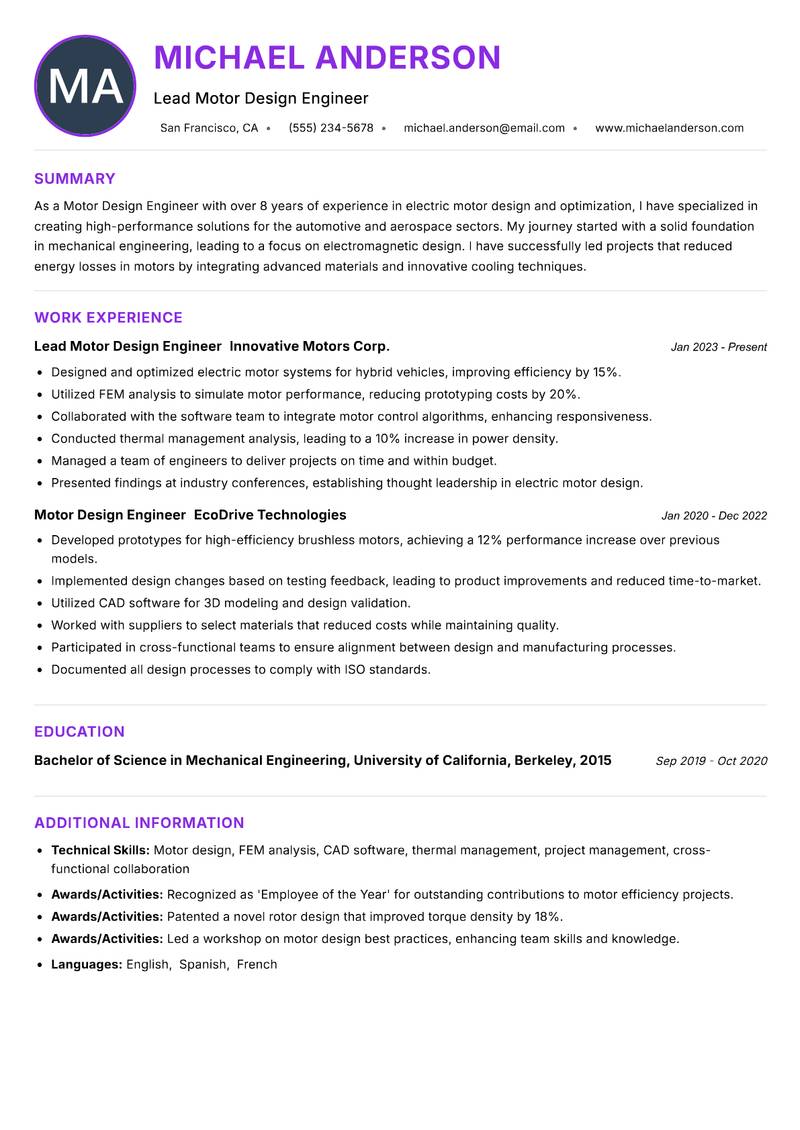 Motor Design Engineer Resume Preview Example
