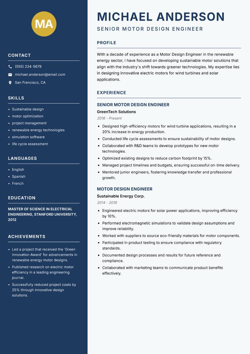 Motor Design Engineer Resume Preview Example