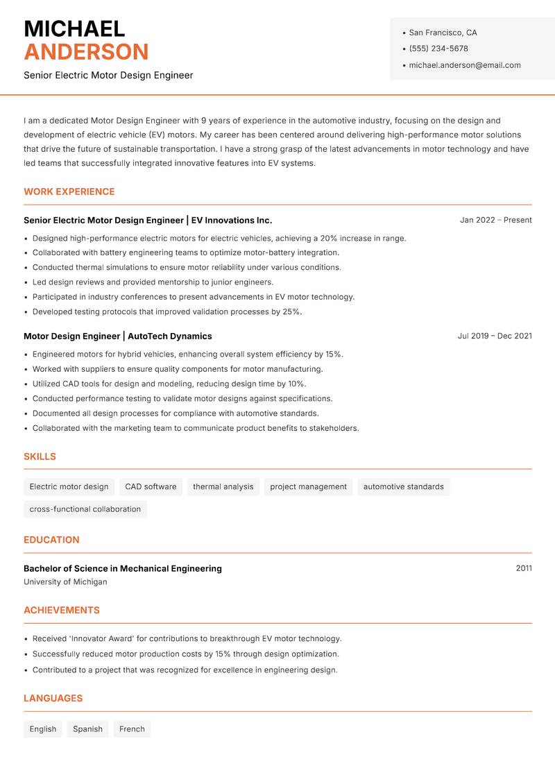 Motor Design Engineer Resume Template