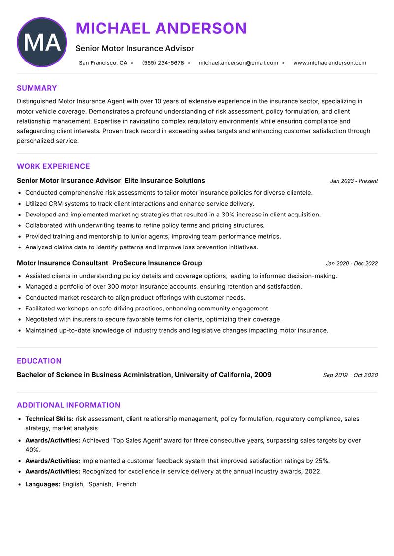 Motor Insurance Agent Resume Preview Example