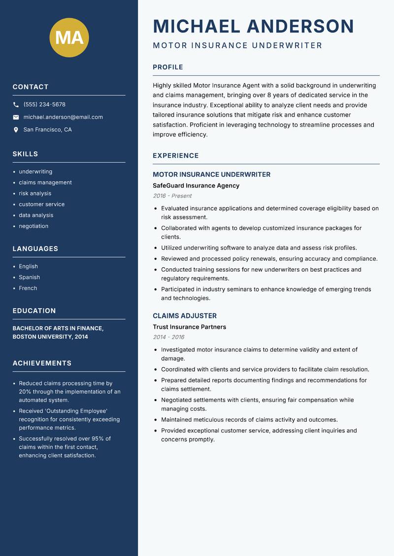 Motor Insurance Agent Resume Preview Example