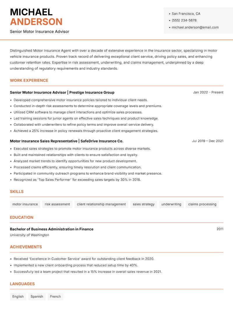 Motor Insurance Agent Resume Template