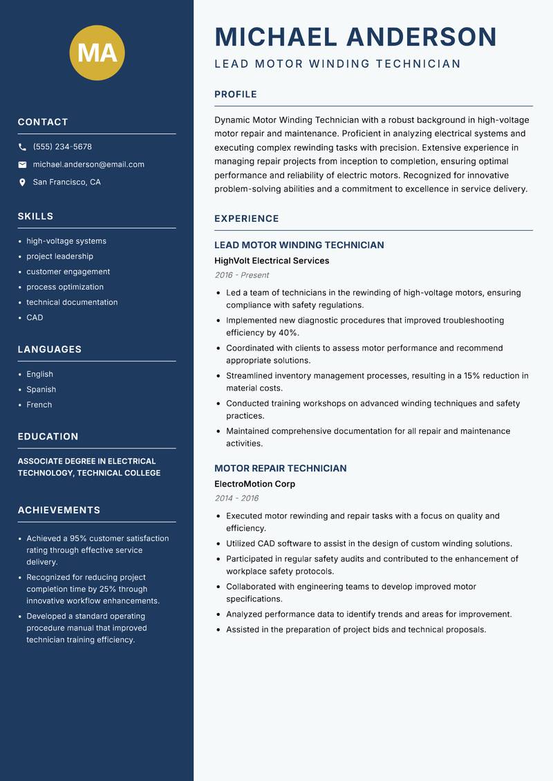 Motor Winding Technician Resume Preview Example