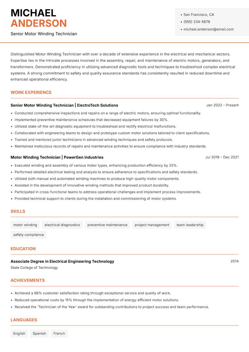 Motor Winding Technician Resume Template