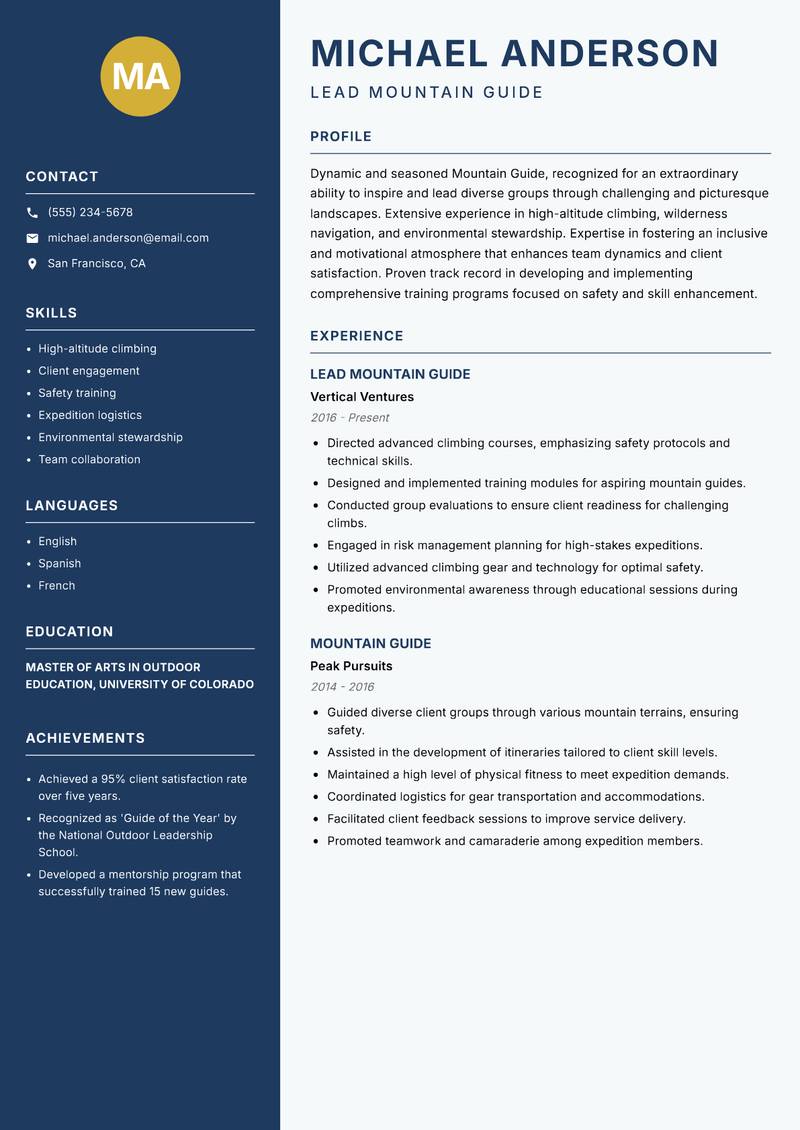 Mountain Guide Resume Preview Example