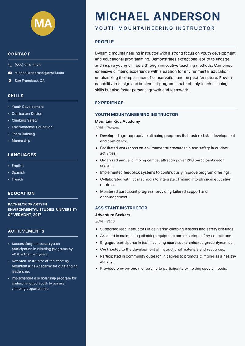 Mountaineering Instructor Resume Preview Example