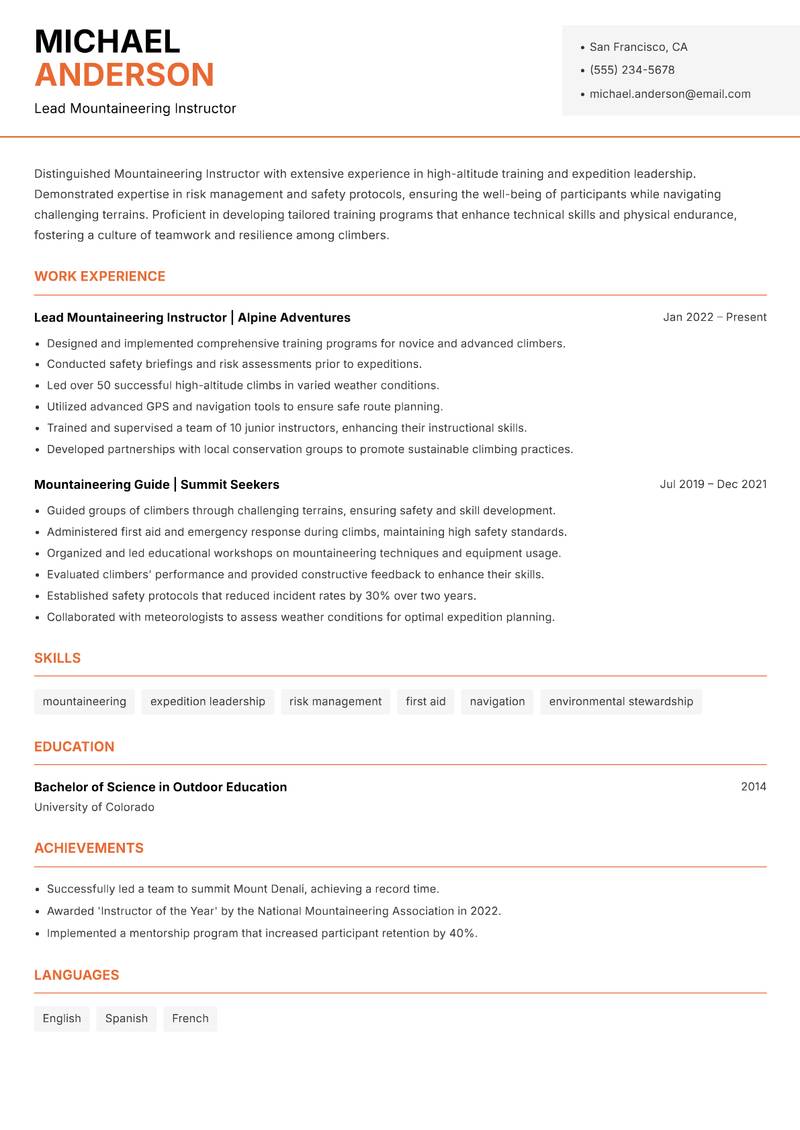 Mountaineering Instructor Resume Template