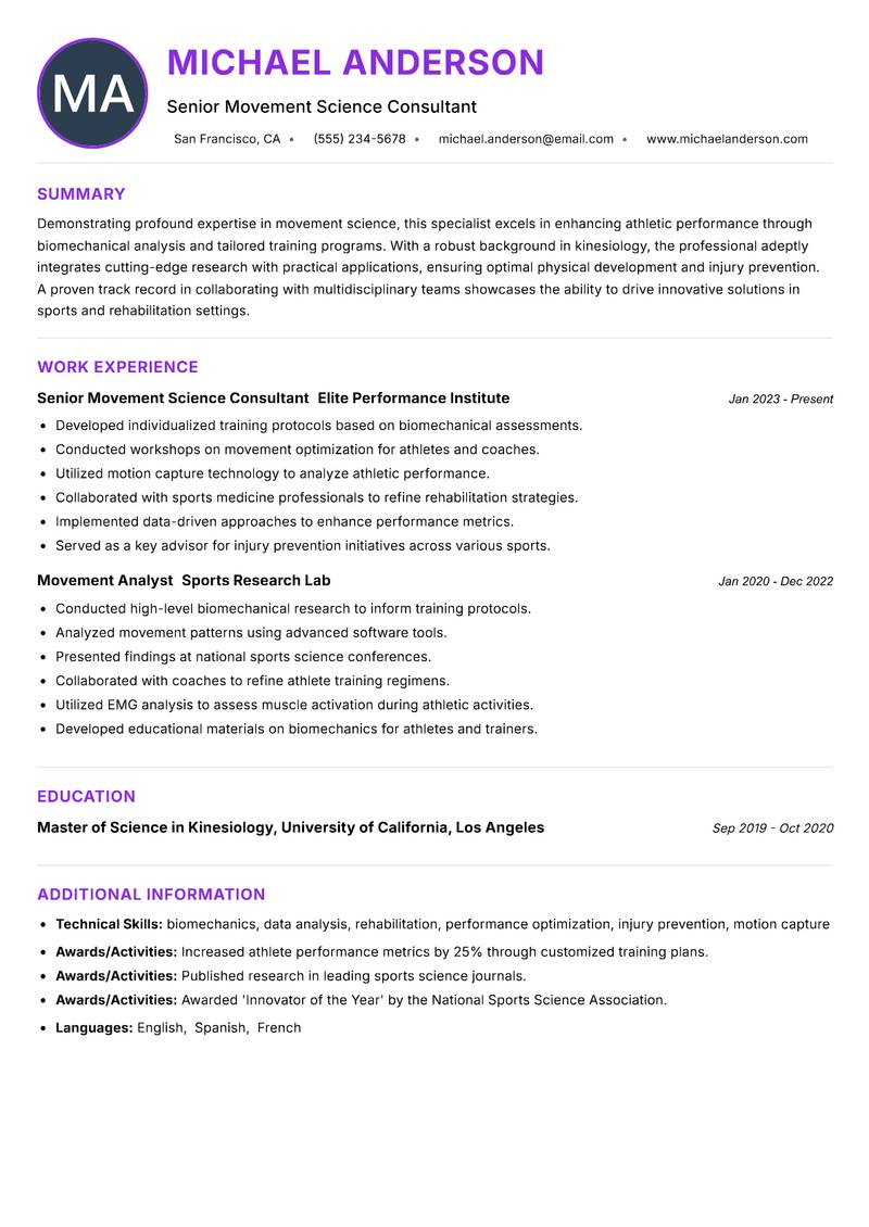 Movement Science Specialist Resume Preview Example