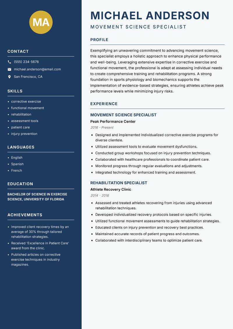Movement Science Specialist Resume Preview Example