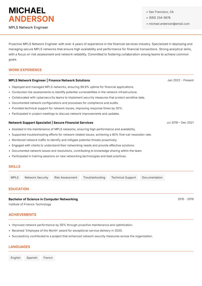 MPLS Network Engineer Resume Template
