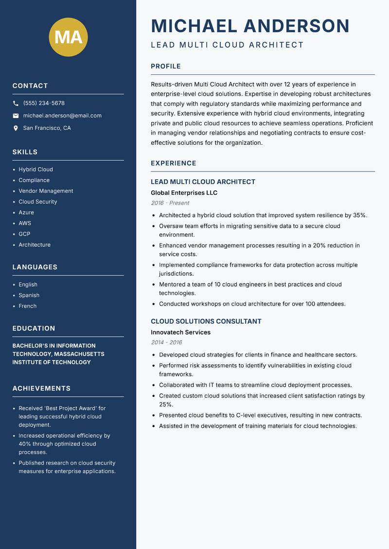 Multi Cloud Architect Resume Preview Example