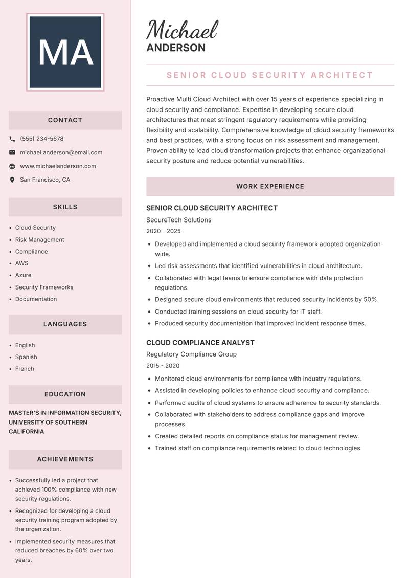Multi Cloud Architect Resume Preview Example