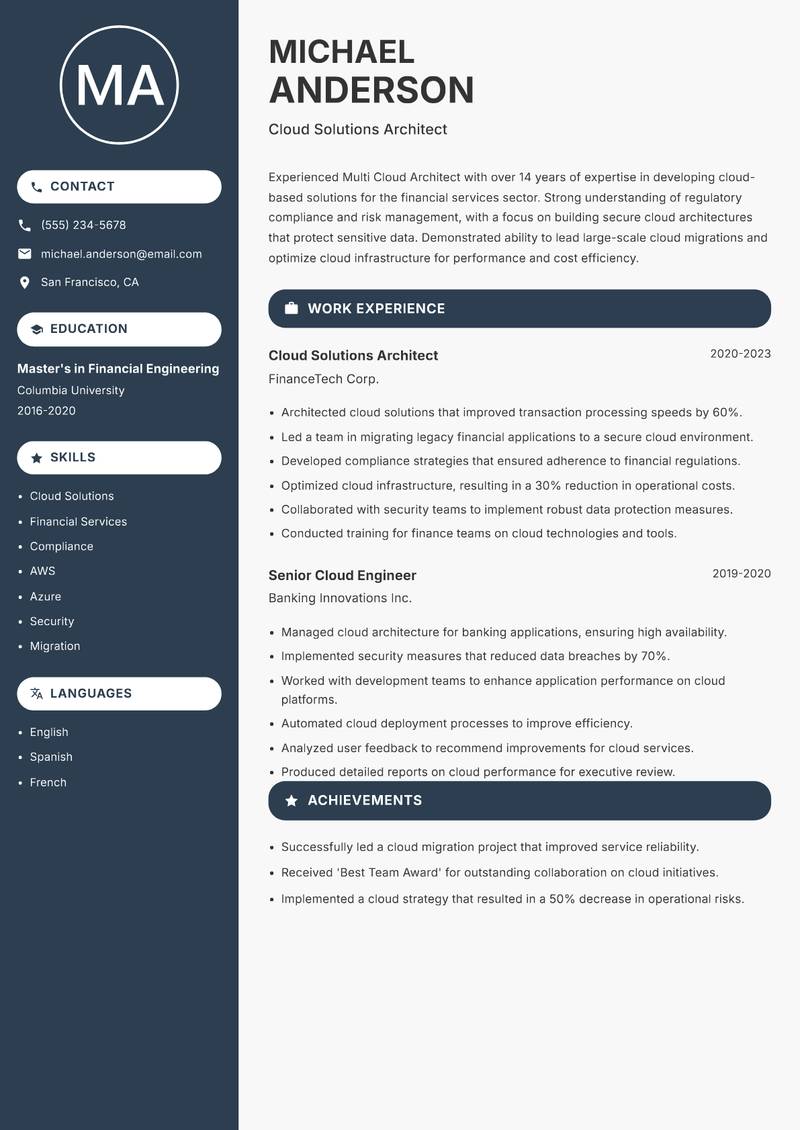 Multi Cloud Architect Resume Preview Example