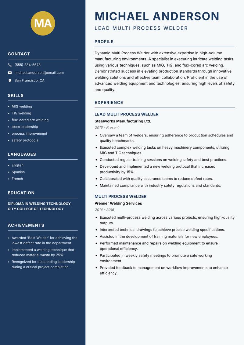 Multi Process Welder Resume Preview Example