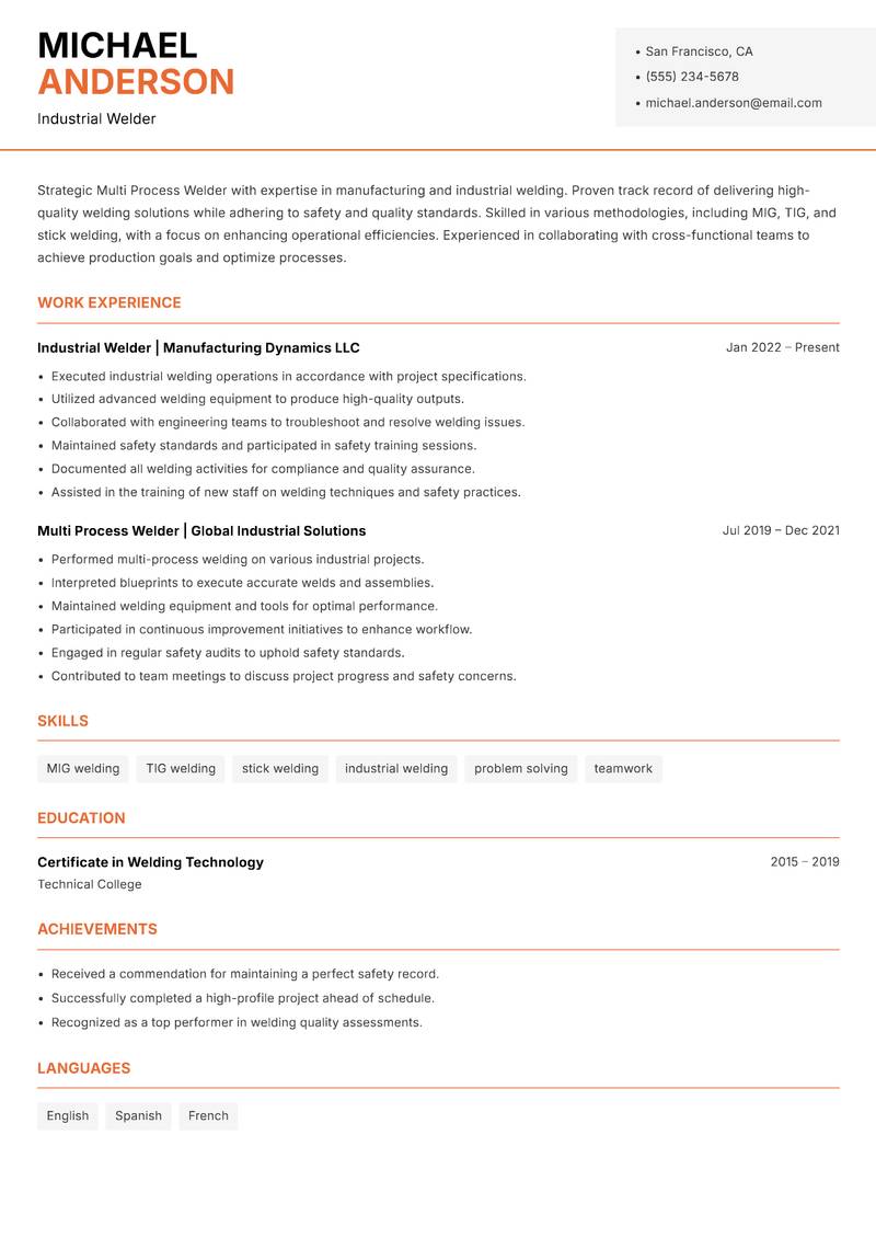 Multi Process Welder Resume Template
