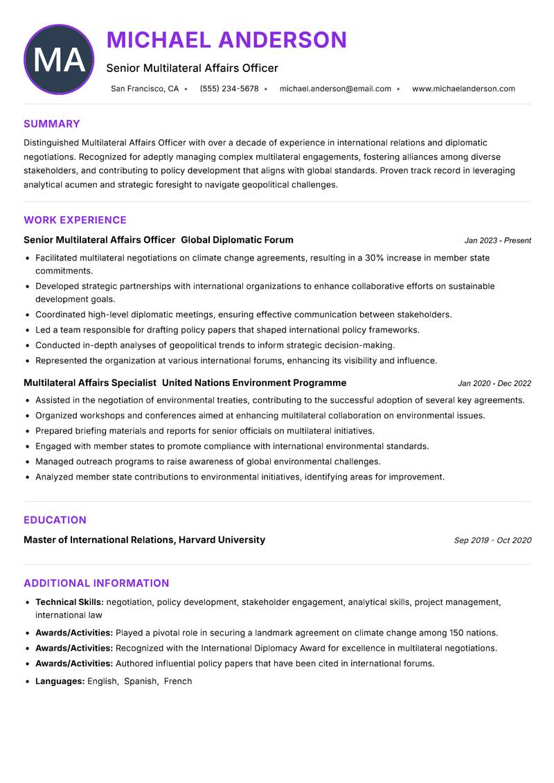 Multilateral Affairs Officer Resume Preview Example