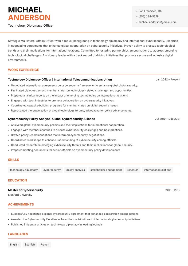 Multilateral Affairs Officer Resume Template