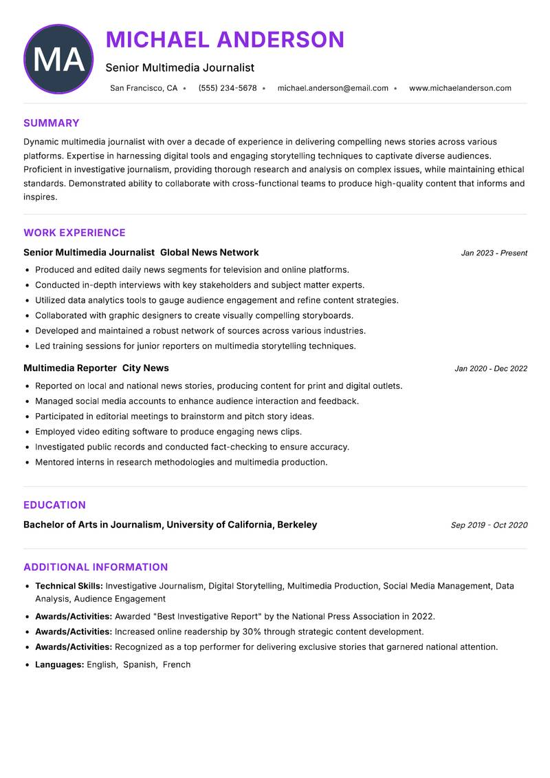 Multimedia Journalist Resume Preview Example