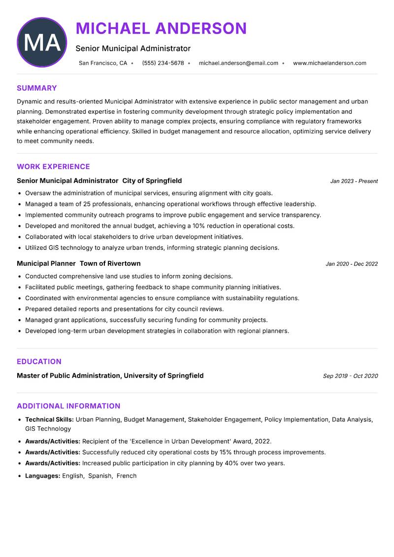Municipal Administrator Resume Preview Example
