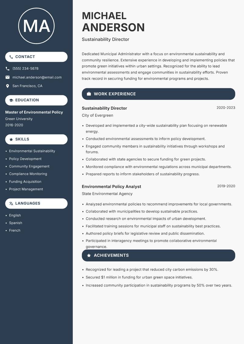 Municipal Administrator Resume Preview Example