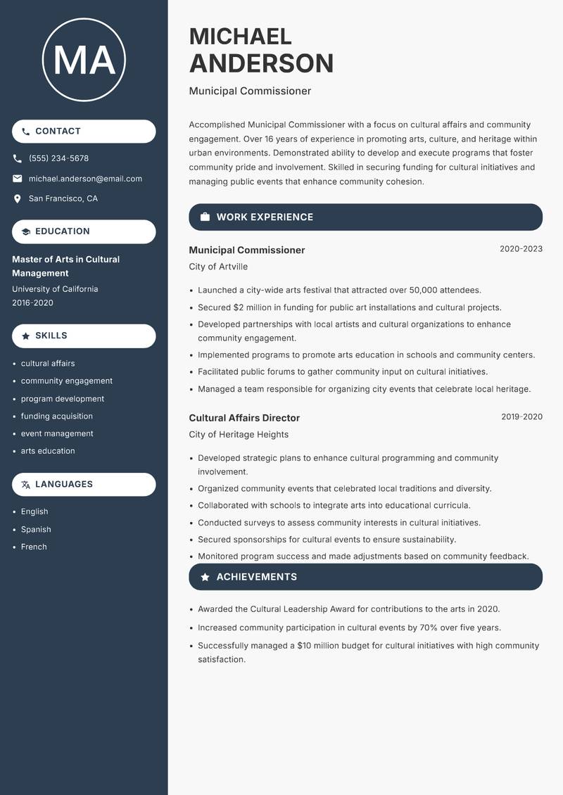 Municipal Commissioner Resume Preview Example