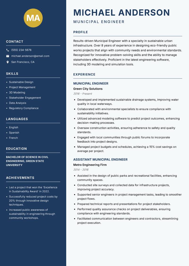 Municipal Engineer Resume Preview Example