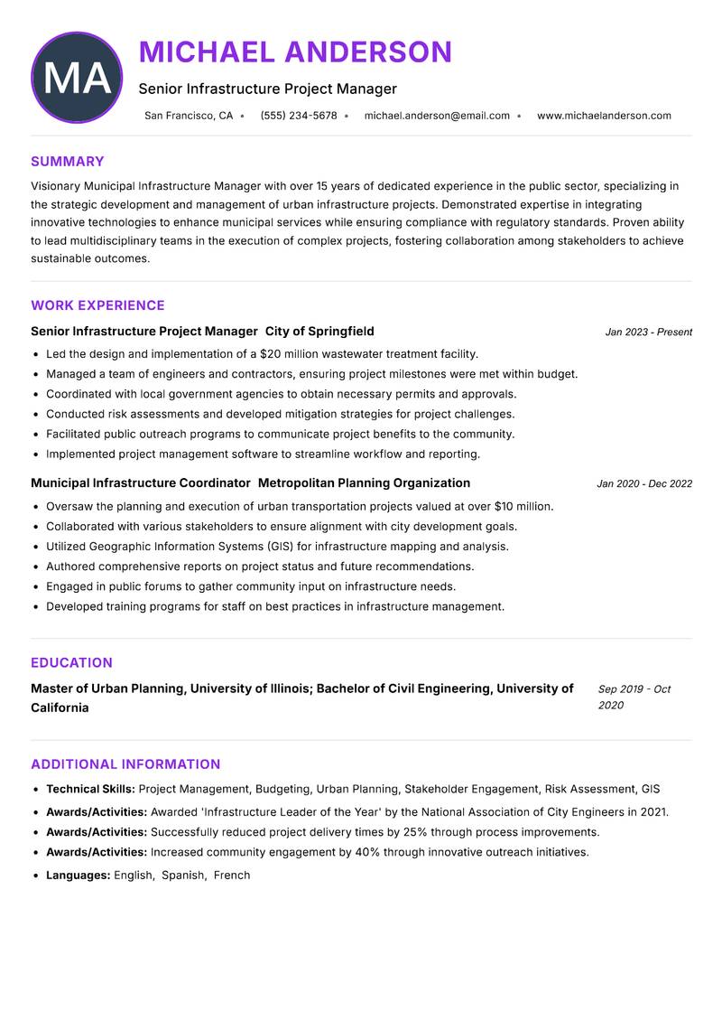 Municipal Infrastructure Manager Resume Preview Example