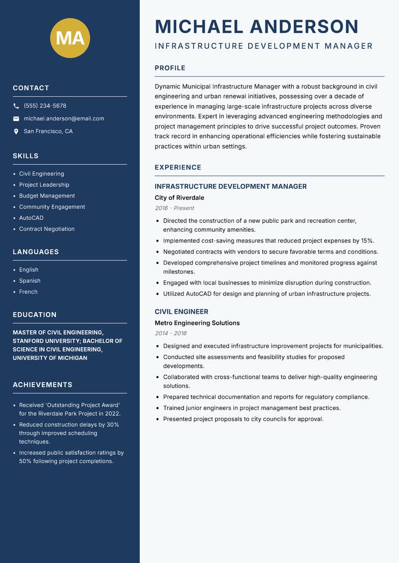 Municipal Infrastructure Manager Resume Preview Example