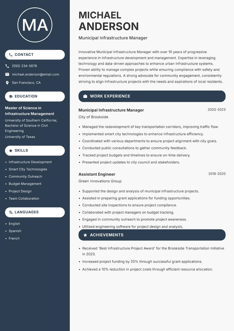 Municipal Infrastructure Manager Resume Preview Example