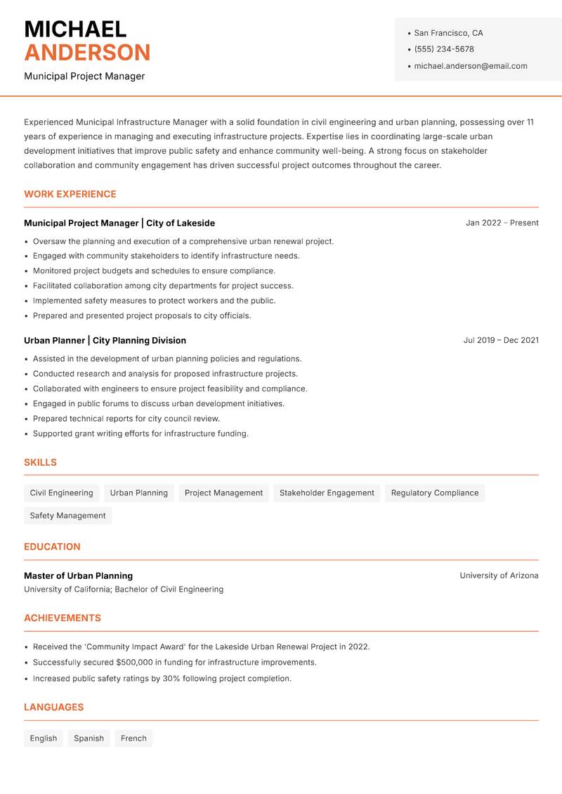 Municipal Infrastructure Manager Resume Template