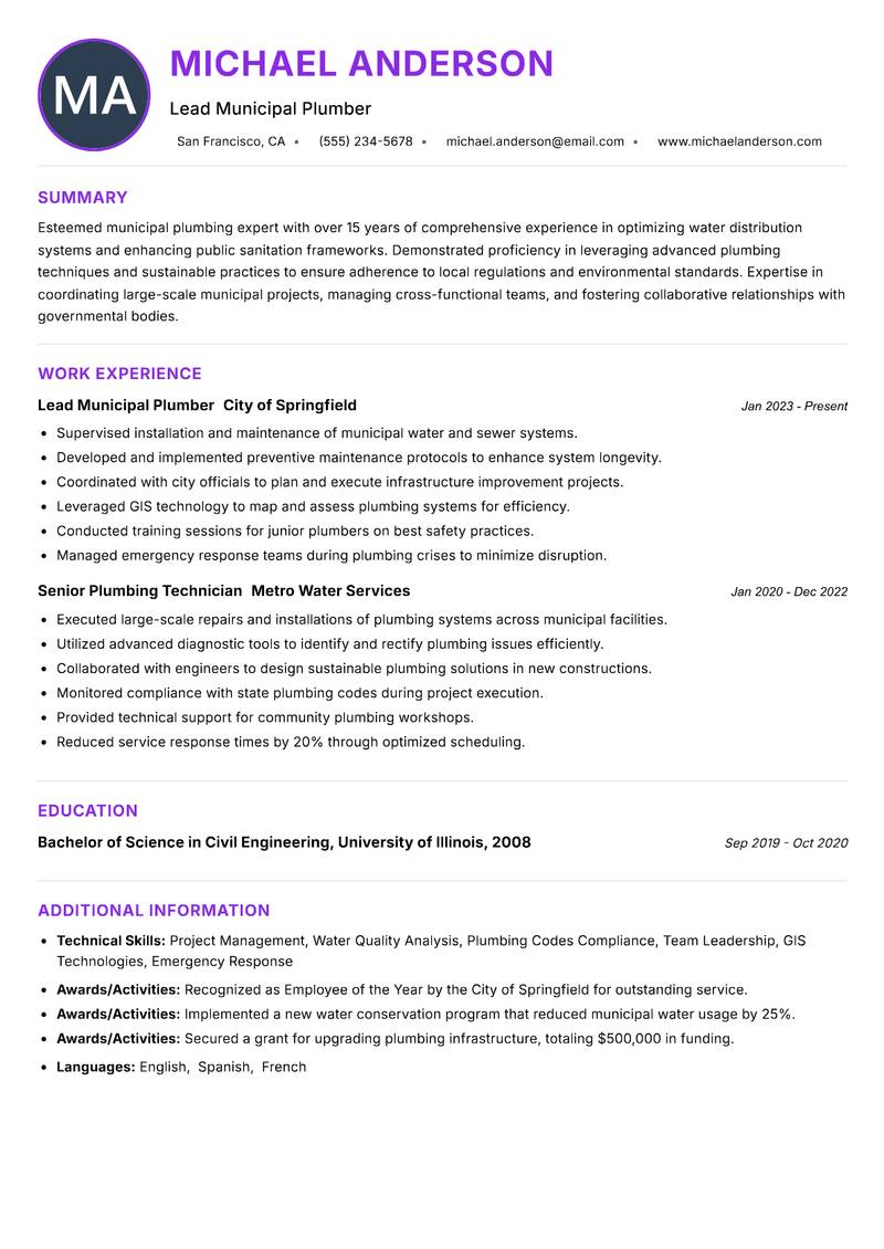 Municipal Plumber Resume Preview Example