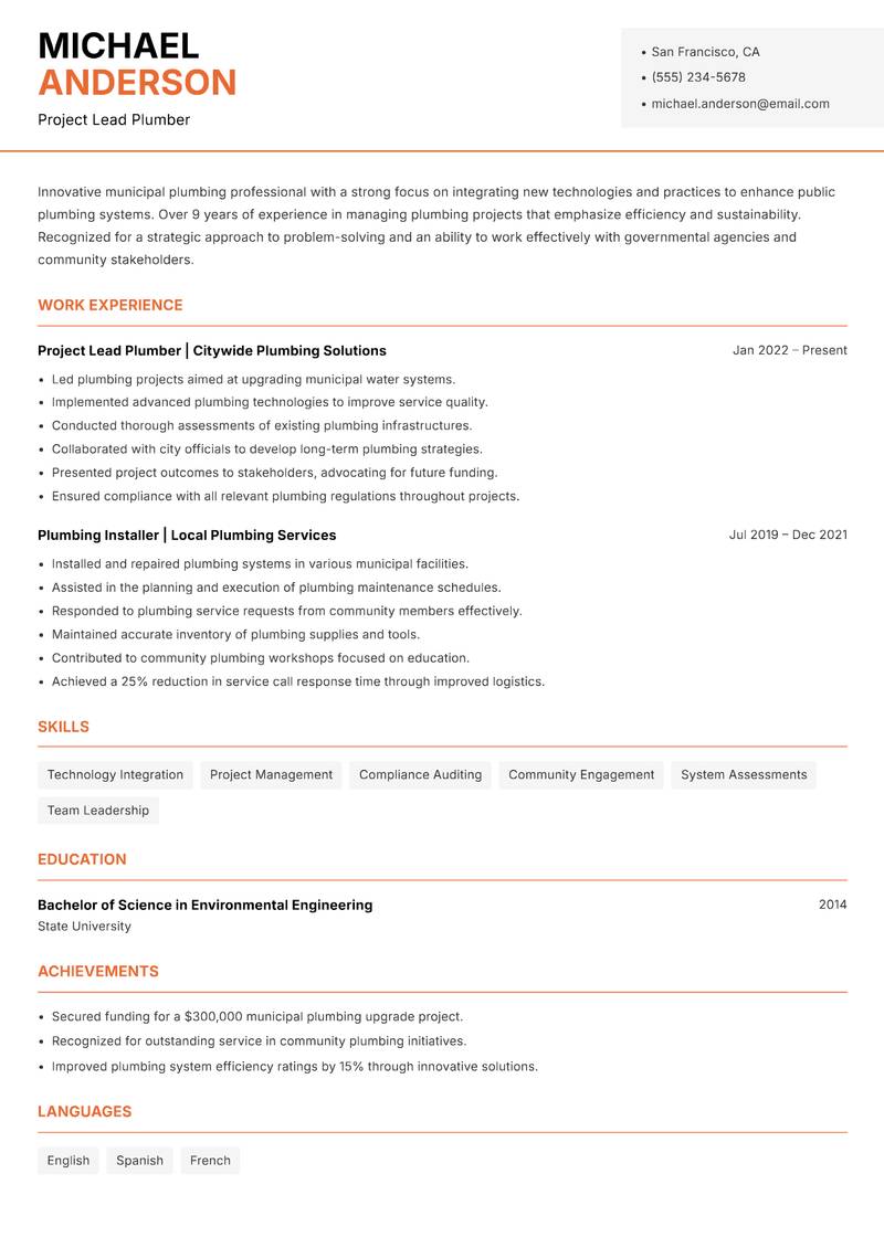 Municipal Plumber Resume Template