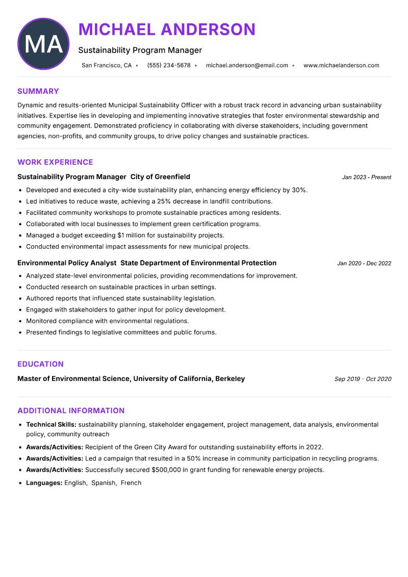 Municipal Sustainability Officer Resume Preview Example