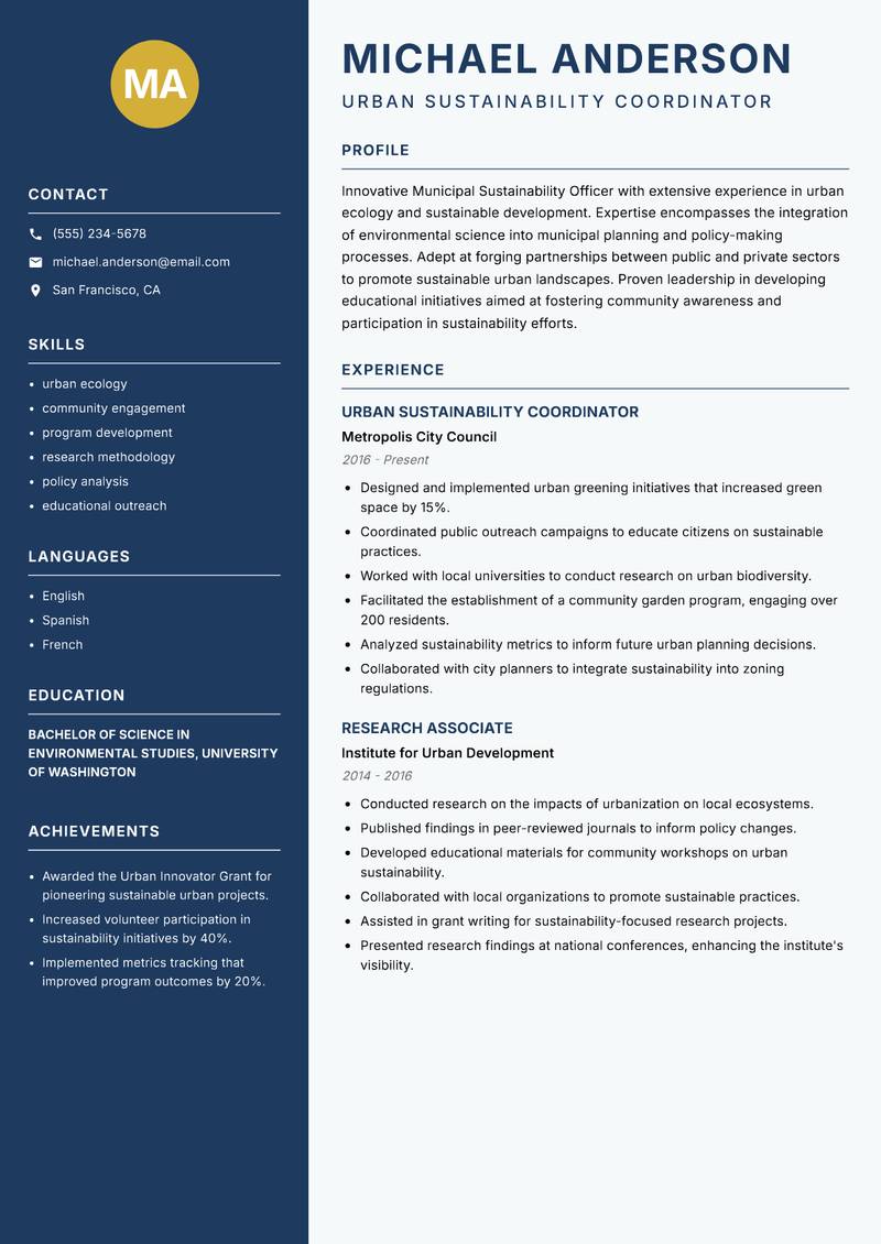 Municipal Sustainability Officer Resume Preview Example