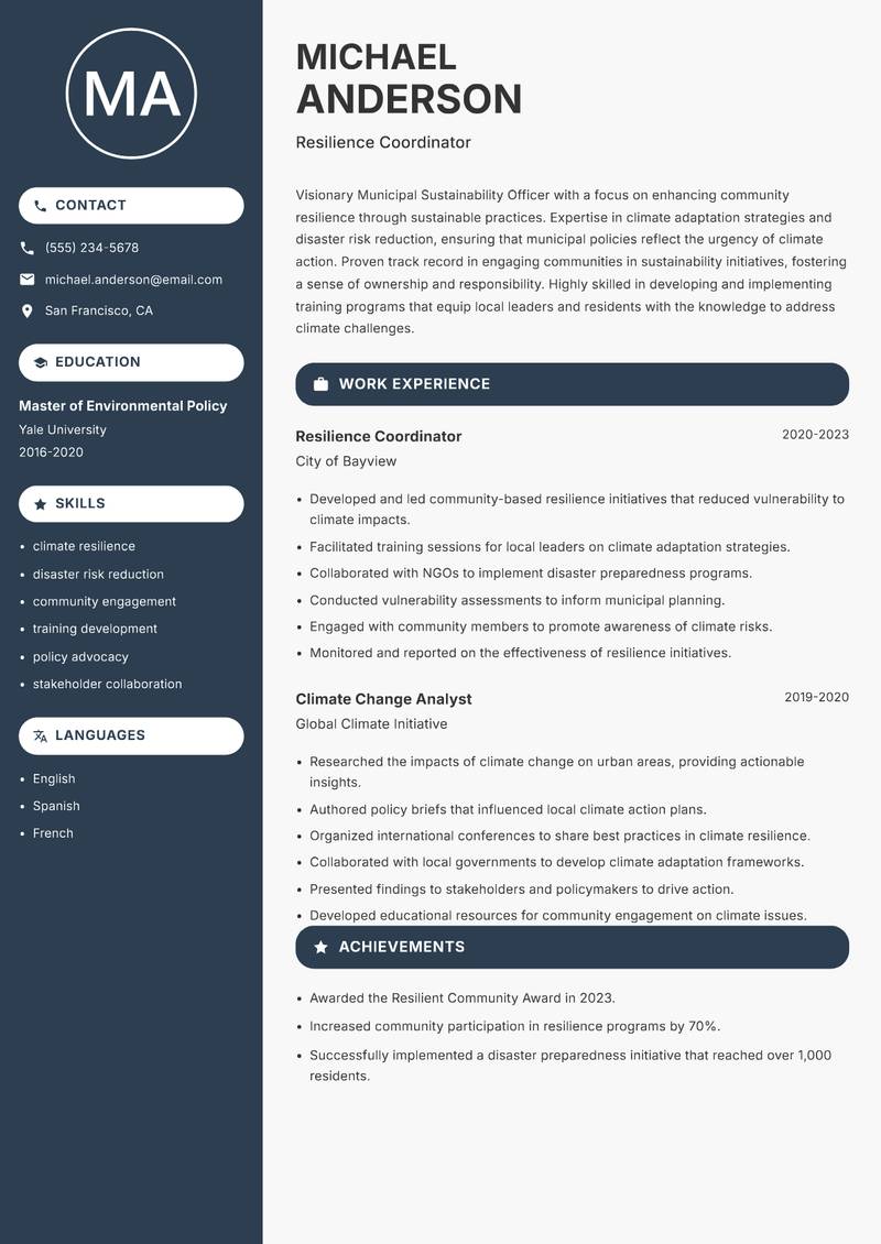 Municipal Sustainability Officer Resume Preview Example