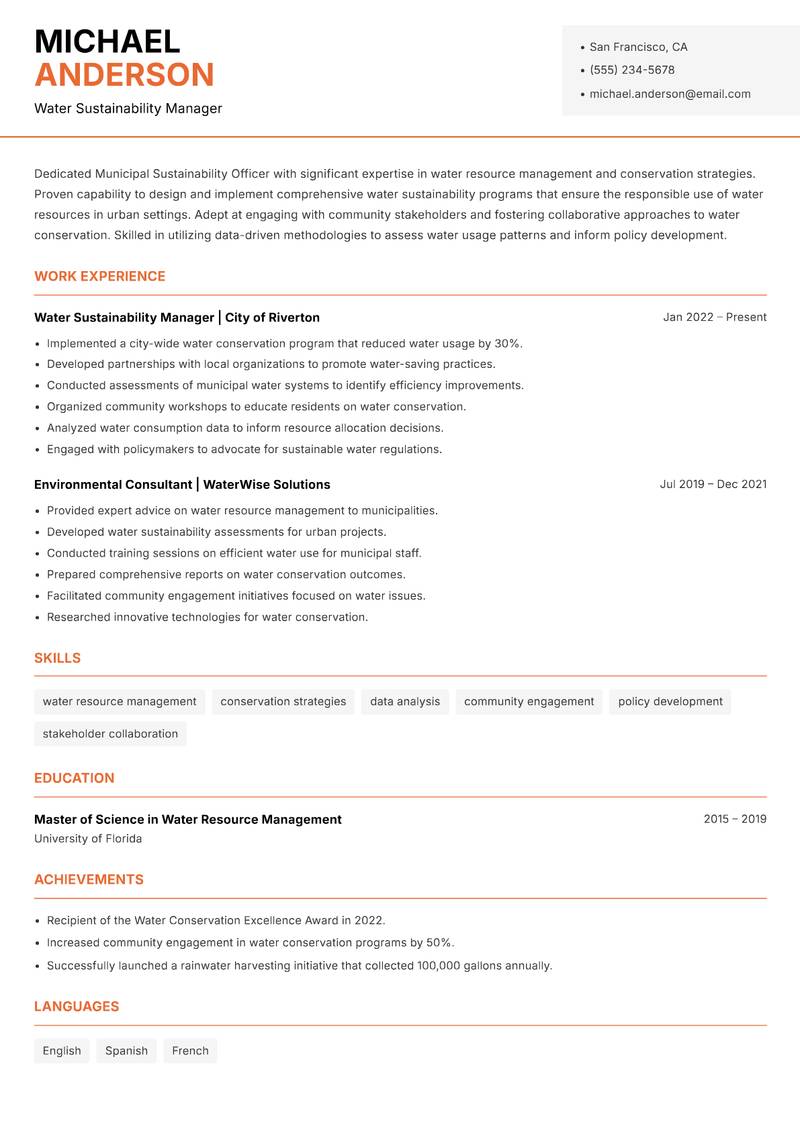 Municipal Sustainability Officer Resume Template