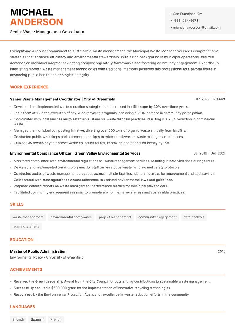 Municipal Waste Manager Resume Template