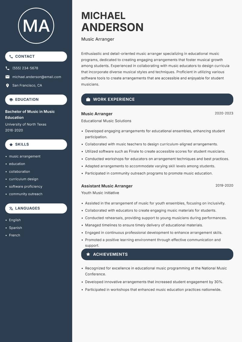 Music Arranger Resume Preview Example