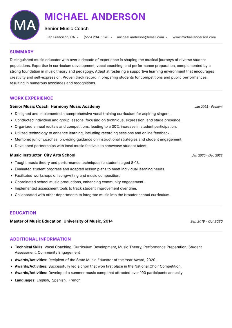 Music Coach Resume Preview Example