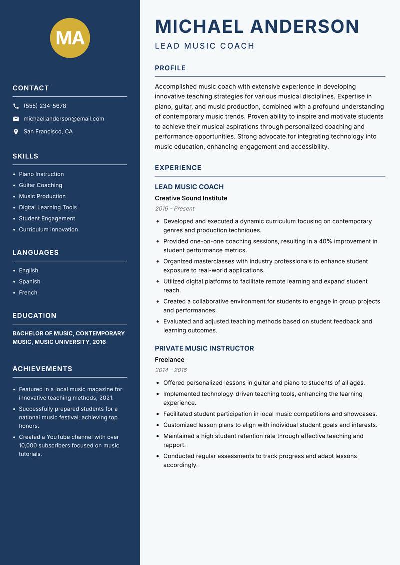 Music Coach Resume Preview Example