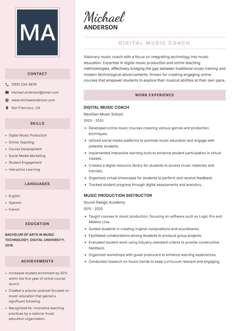 Music Coach Resume Preview Example