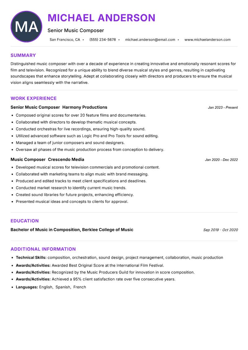 Music Composer Resume Preview Example