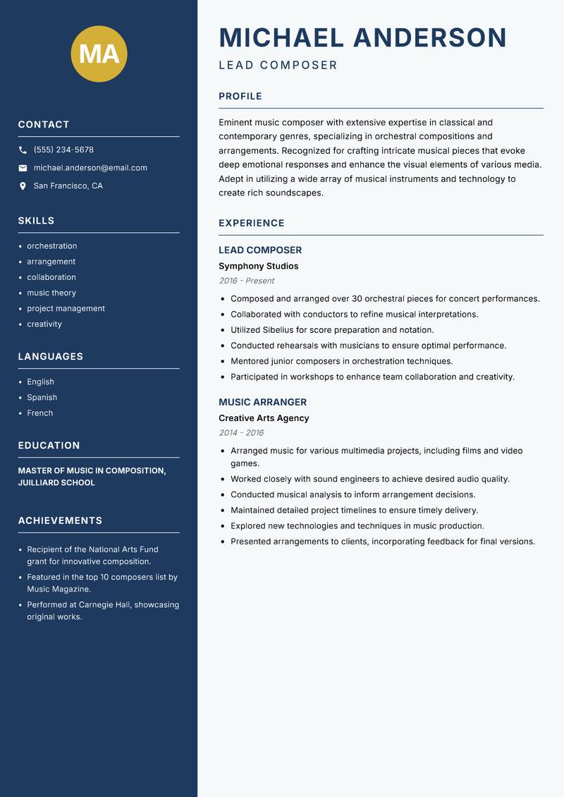 Music Composer Resume Preview Example