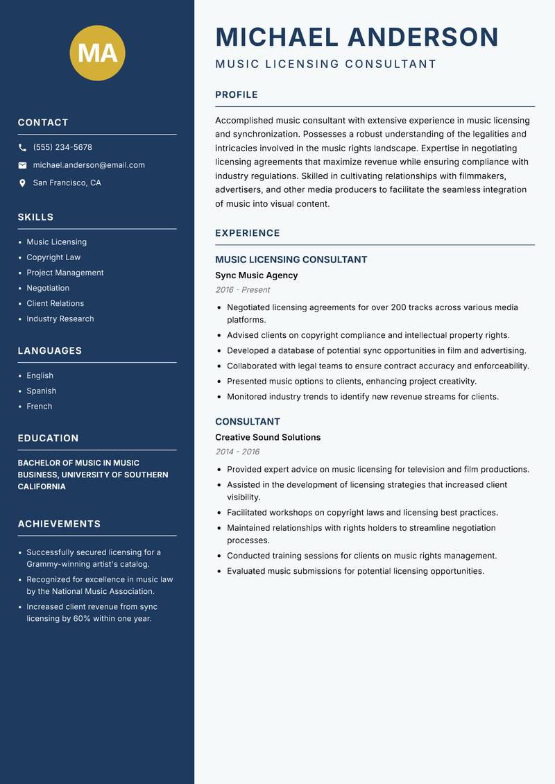 Music Consultant Resume Preview Example