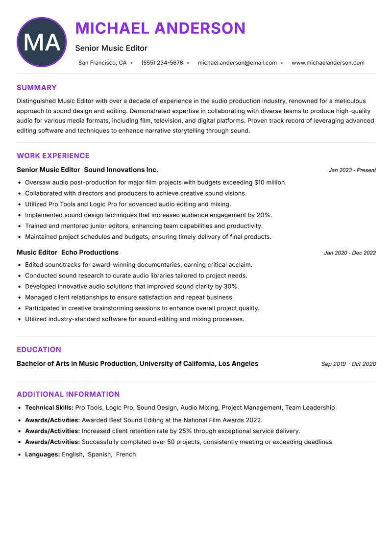 Music Editor Resume Preview Example
