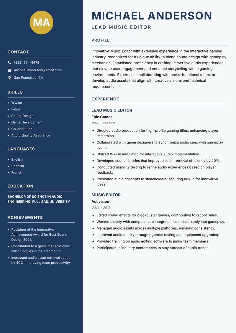 Music Editor Resume Preview Example