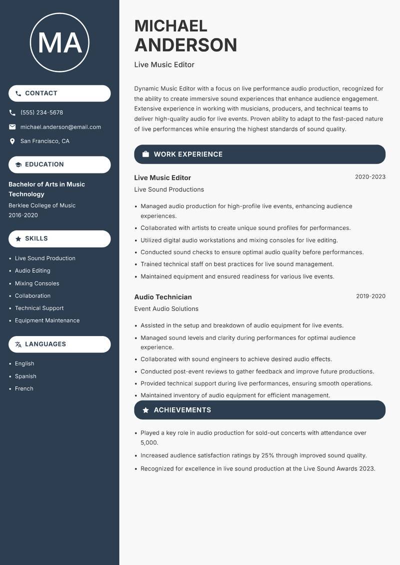 Music Editor Resume Preview Example